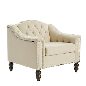 Carmen Beige Button-Tufted Accent Chair with Solid Wood Legs