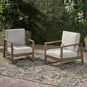 Belgian Grey Removable Cushions Wood Outdoor Patio Lounge Chair with Light Grey Cushions (2-Pack)