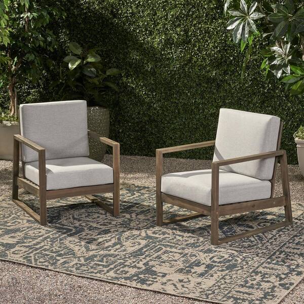 Noble House Belgian Grey Removable Cushions Wood Outdoor Patio Lounge Chair with Light Grey Cushions (2-Pack)