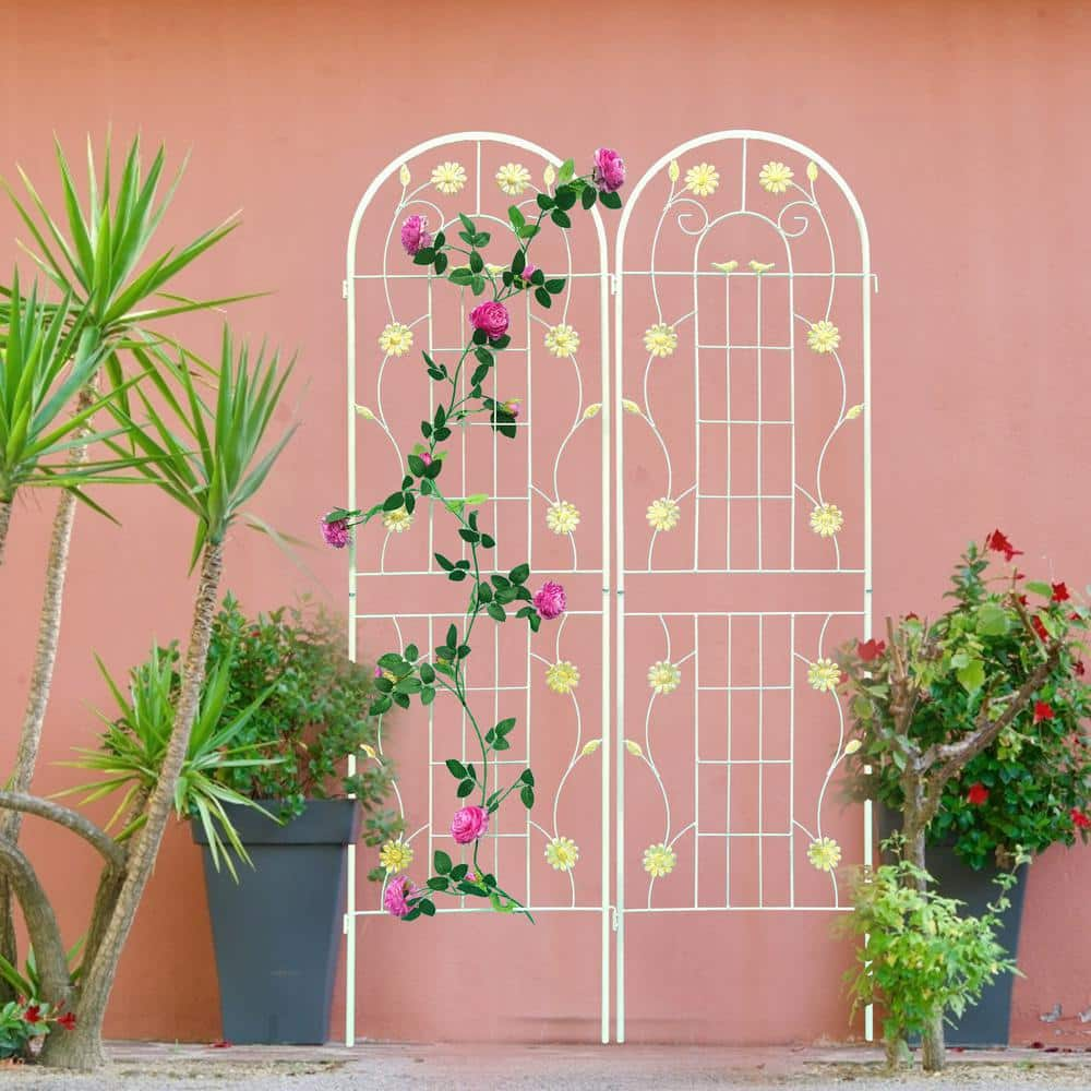 Zeus & Ruta 71 in. x 19.7 in. White Metal Garden Trellis for Climbing ...