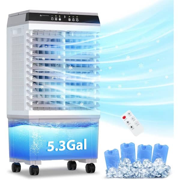 Portable Air Conditioner Fan with 3-Speed, 3 In 1 Swamp Cooler, 1800 CFM,Remote Control, 4-Ice Packs, Timer, 5.3 Gal.