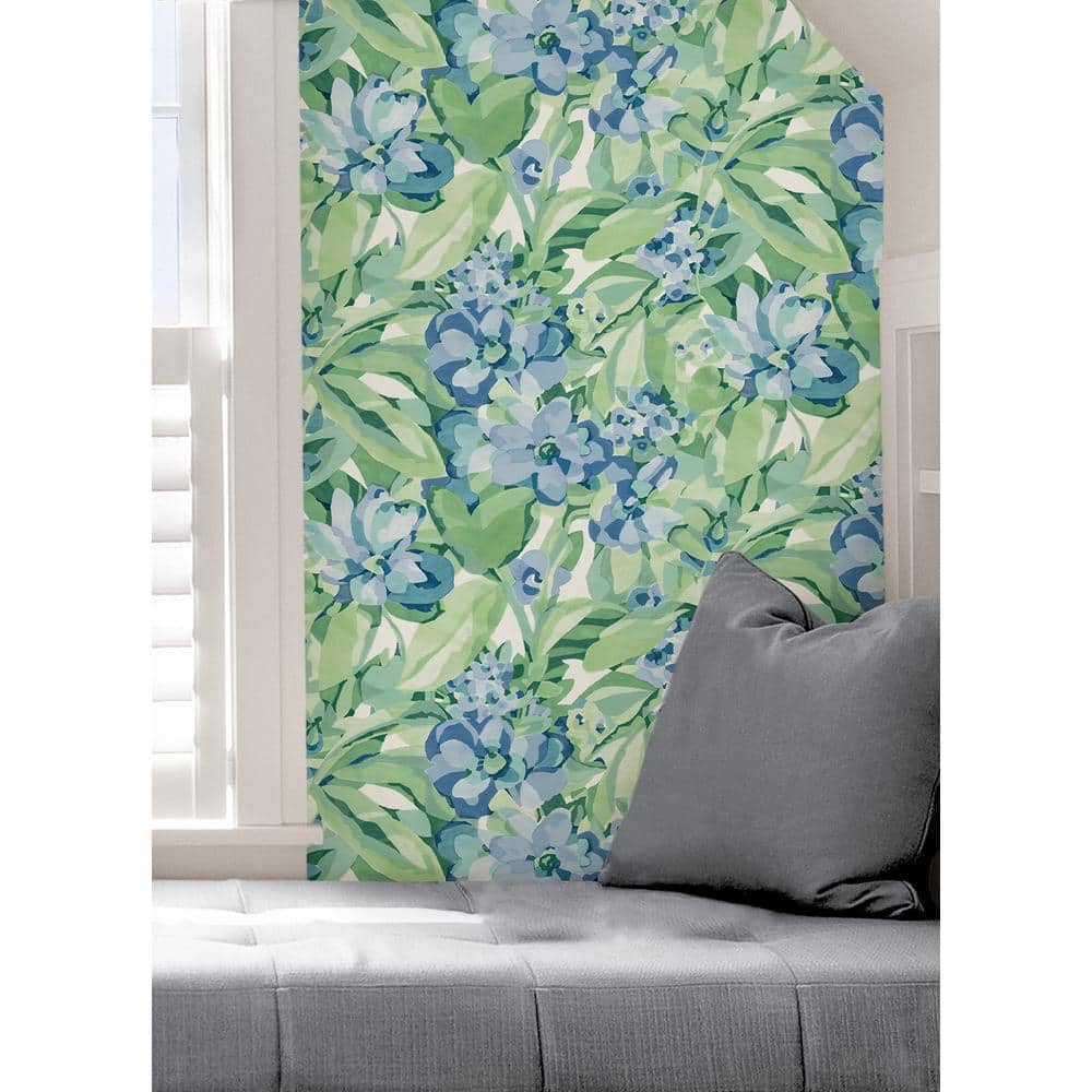 Heather Green and Blue Vinyl Floral Peel and Stick Wallpaper