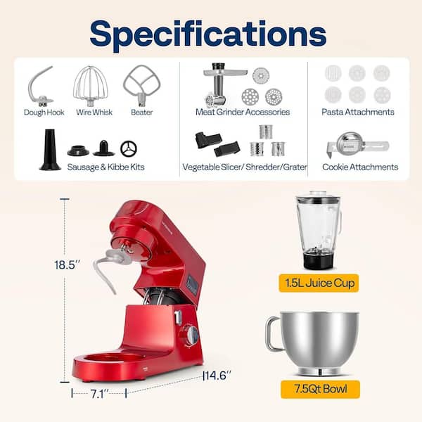 キッチン家電 Multifunctional Stand Mixer VIVOHOME 7.5 qt. 6-Speed Red 9 in 1 Stainless Steel