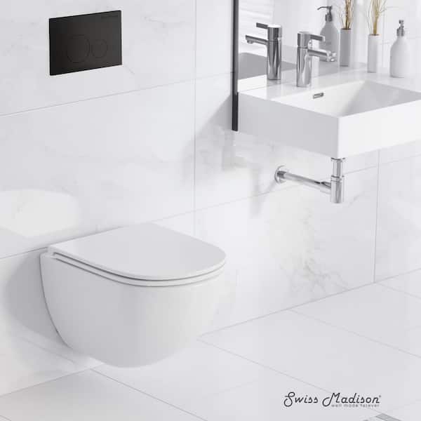 St. Tropez Wall-Hung Toilet, Round, 3-Piece Bundle 0.8/1.6 GPF Dual Flush in Glossy White with Black Flush Plate