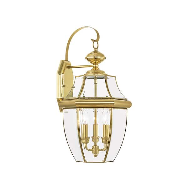 AVIANCE LIGHTING Aston 22.5 in. 3-Light Polished Brass Outdoor Hardwired Wall Lantern Sconce with No Bulbs Included