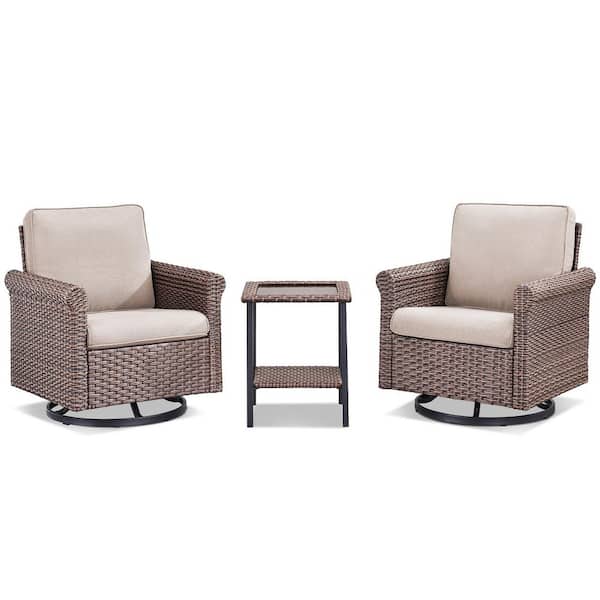 3-Piece Brown Wicker Outdoor Rocking Chair Set with Side Table, Patio Swivel Glider Chairs with Beige Cushions