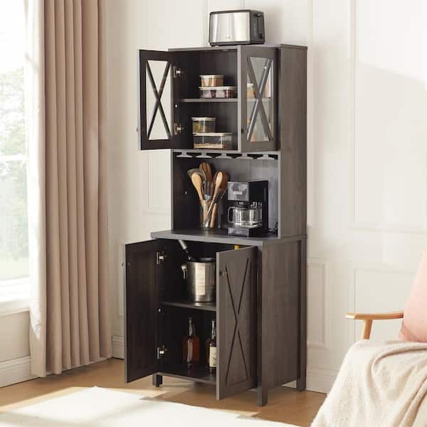 26.89inx15.87inx67.3in Charcoal Gray Minimalist MDF Ready to Assemble Kitchen Cabinet with Wine Rack and 2 Glass Doors