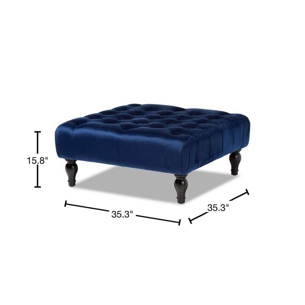 Keswick 36" Blue Velvet Tufted Ottoman with Eucalyptus Wood Base