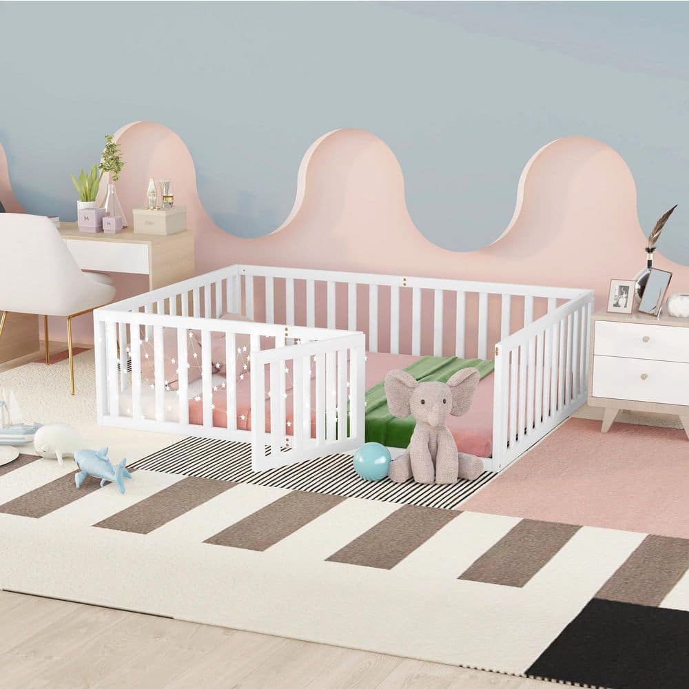White Wood Frame Full Size Floor Bed, Platform Bed with Fence and Door