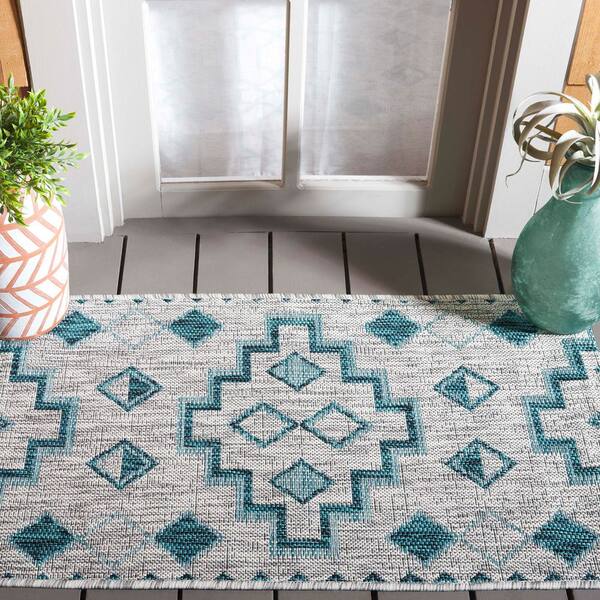 Courtyard Gray/Teal 2 ft. x 4 ft. Aztec Tribal Indoor/Outdoor Area Rug