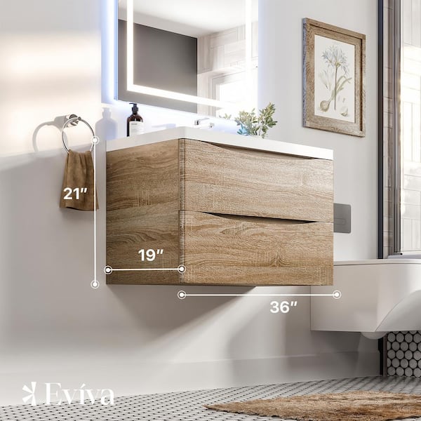 Eviva Smile 36 in. W x 20 in. D x 21 in. H Bathroom Vanity in White Oak with White Acrylic Top with White Sink