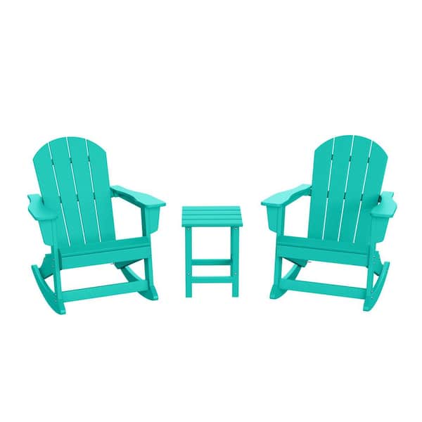 WESTIN OUTDOOR Laguna 3-Piece Fade Resistant Outdoor Patio HDPE Poly Plastic Adirondack Rocking Chairs and Side Table Set, Turquoise