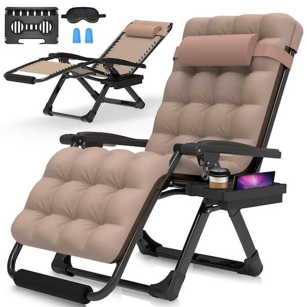 SEEUTEK Enloe 29 in.W Oversized Zero Gravity Chair Metal Outdoor Chaise Lounge with Khaki Removable Cushion and Headrest