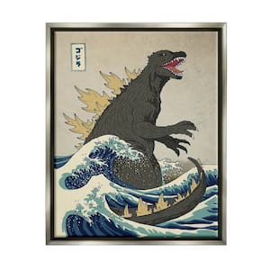 Godzilla in the Waves Eastern Poster Illustration by Michael Buxton Floater Frame Fantasy Wall Art Print 31 in. x 25 in.