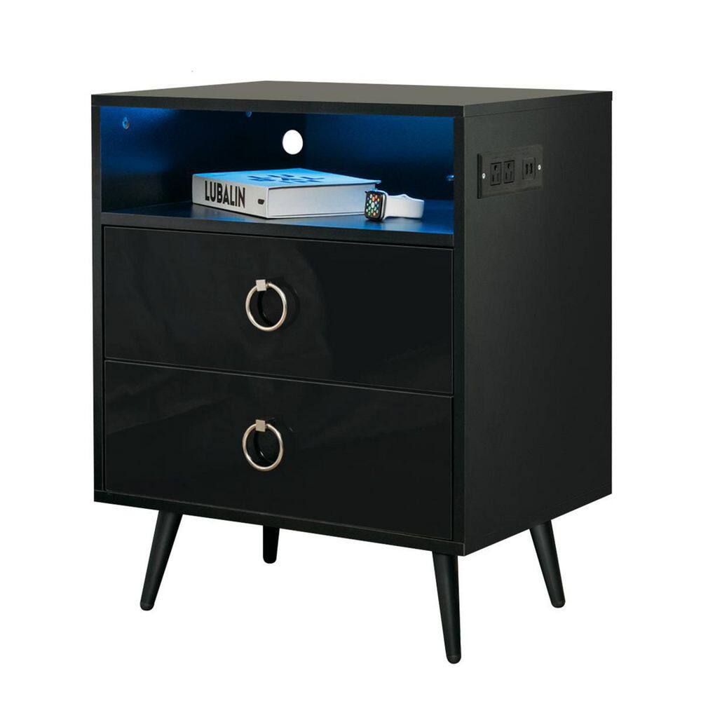 Hommpa LED 2Drawer Black Nightstand 27.2 in. H x 21.7 in. W x 15.7 in
