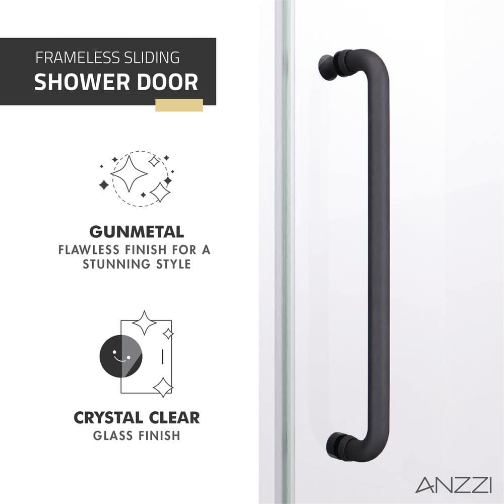 Gunmetal Frameless Sliding Shower Door with Handle, 48" x 76"