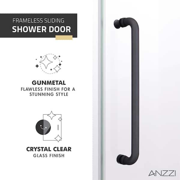 Anzzi 76 x 48 inch Frameless Shower Door in Gun Metal Black, Madam Water Repellent Glass Shower Door with Seal Strip, Easy Gilde Sliding Shower Door