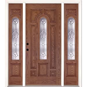 67.5 in.x81.625 in. Medina Zinc Center Arch Lt Stained Medium Oak Right-Hand Fiberglass Prehung Front Door w/Sidelites