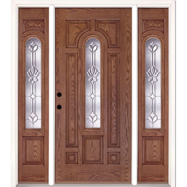 Feather River Doors 67.5 in.x81.625 in. Medina Zinc Center Arch Lt Stained Medium Oak Right-Hand Fiberglass Prehung Front Door w/Sidelites