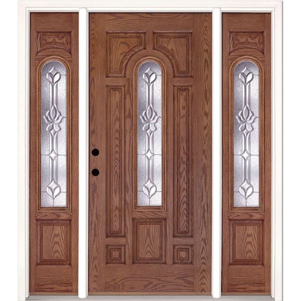 67.5 in.x81.625 in. Medina Zinc Center Arch Lt Stained Medium Oak Right-Hand Fiberglass Prehung Front Door w/Sidelites