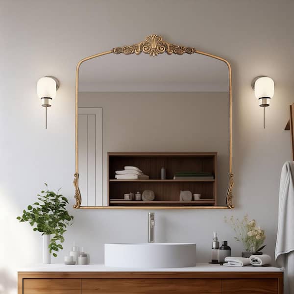 37 in. W x 40 in. H Baroque Carved Vintage Gold Arched Framed Wall Bathroom Vanity Mirror