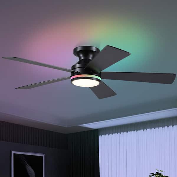 46 in. Indoor Integrated RGB LED Light Flush Mount Black Ceiling Fan with Reversible DC Motor and Remote Control