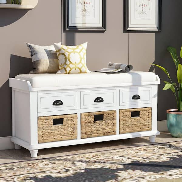 19 in. H x 42 in. W White Solid Wood Shoe Storage Bench with 3-Drawer and 3-Rattan Basket