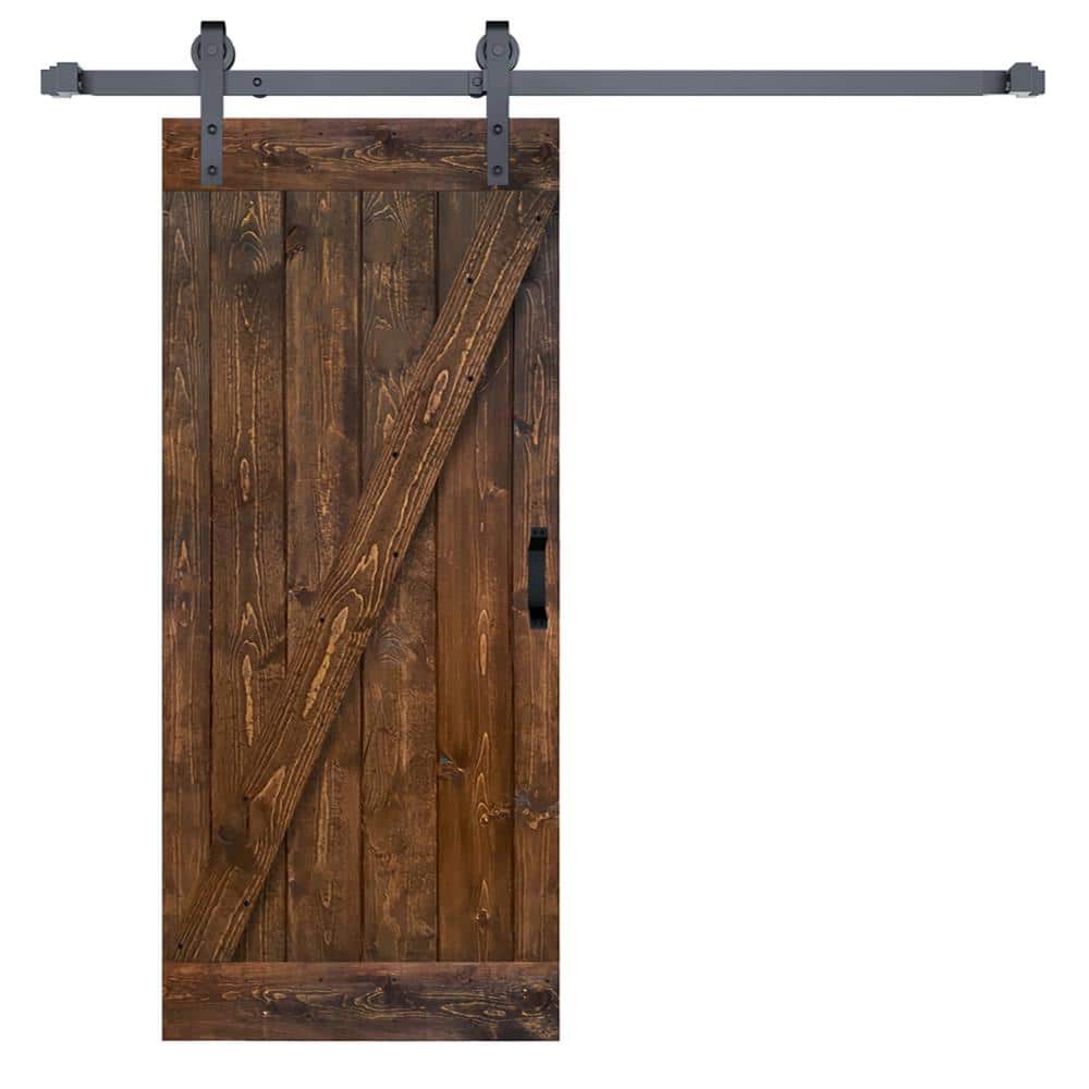 Classic Dark Walnut Solid Wood Sliding Barn Door Kit with Black Hardware