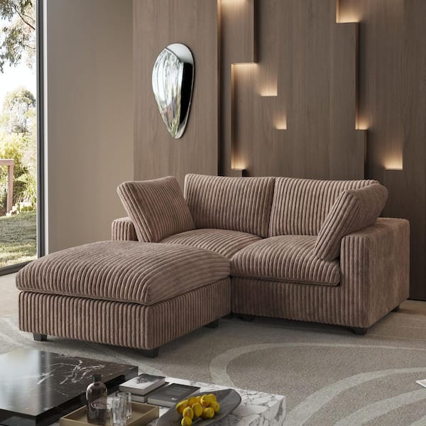 78.74 in. Rabbit Plush Fabric Square Arm 3-Piece L Shaped Modular Sectional Sofa in Brown with Ottoman
