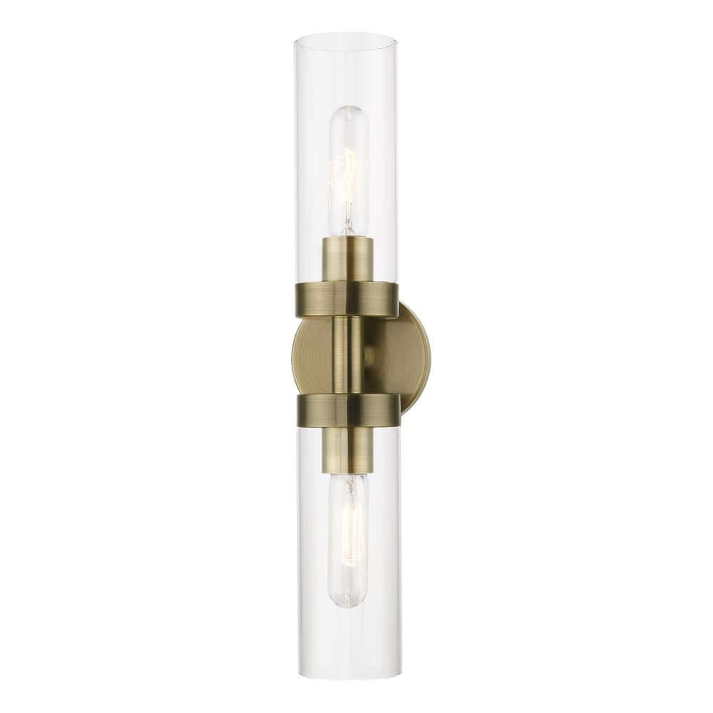 Antique Brass 2-Light Vanity Sconce with Clear Glass Shades
