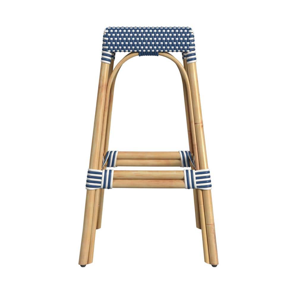 Skye Blue & White Dot 30" Backless Rattan Bar Stool
