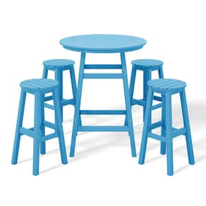 Laguna 5-Piece Bar Height HDPE Plastic Outdoor Patio Round High Top Bistro Dining Set in Pacific Blue