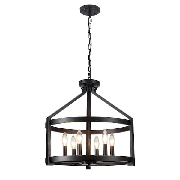 20.31 in. 6-Light Matte Black Cage Drum Chandelier with Metal Shade and No Bulbs Included For Kitchen Island