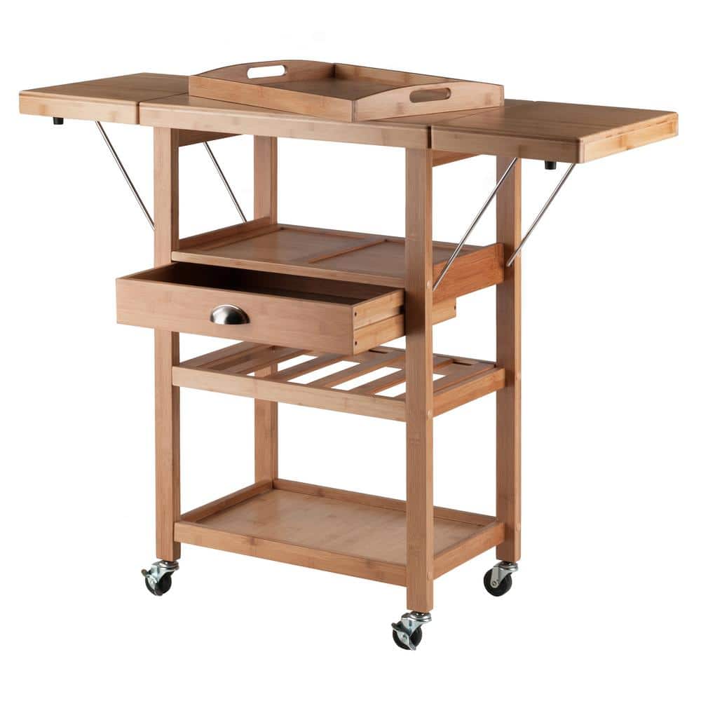 Natural Bamboo Drop Leaf Kitchen Cart with Wine Rack