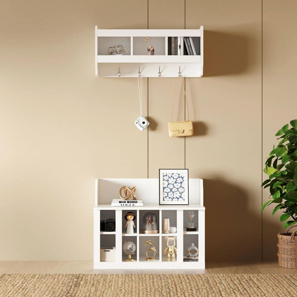 35.4 in. W x 15.7 in. D x 43.2 in. H White Wood Hall Tree with Wall Mounted
