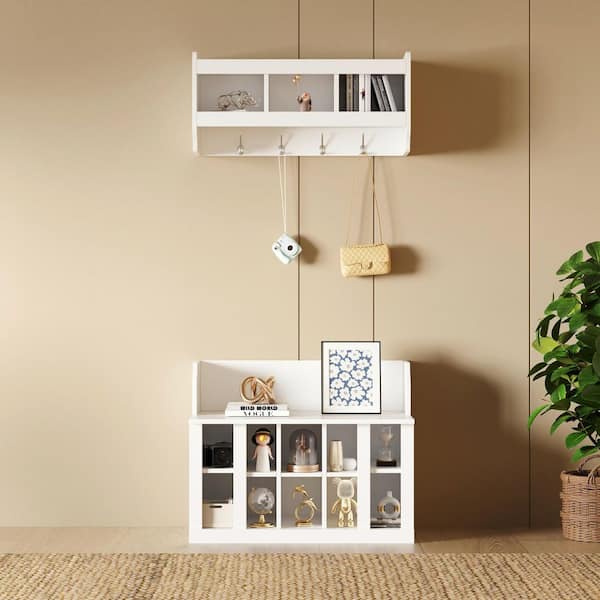 Unbranded 35.4 in. W x 15.7 in. D x 43.2 in. H White Wood Hall Tree with Wall Mounted Coat Rack, 4-Hooks for Entryways Hallways