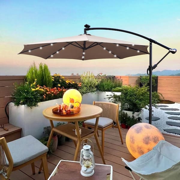 10 ft. Market Steel Solar LED Lighted Outdoor Patio Umbrella in Mushroom with Crank and Cross Base
