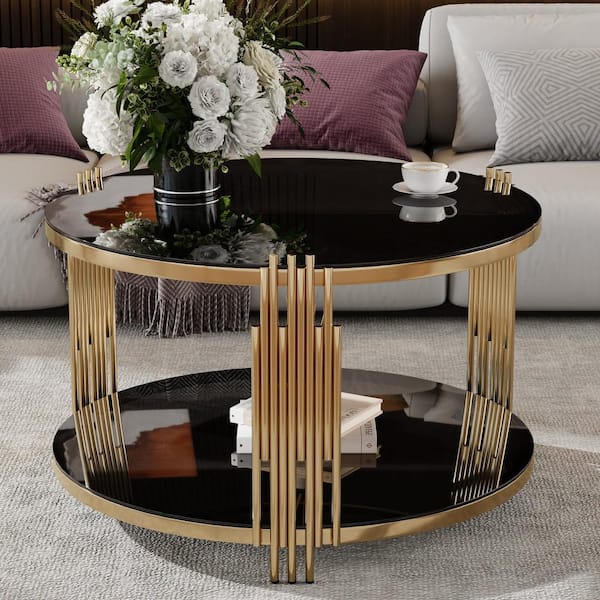 Harper & Bright Designs 31.5 in. Black Round Tempered Glass Coffee Table with Storage Shelf, Circular Metal Drum Base, Gold Finish