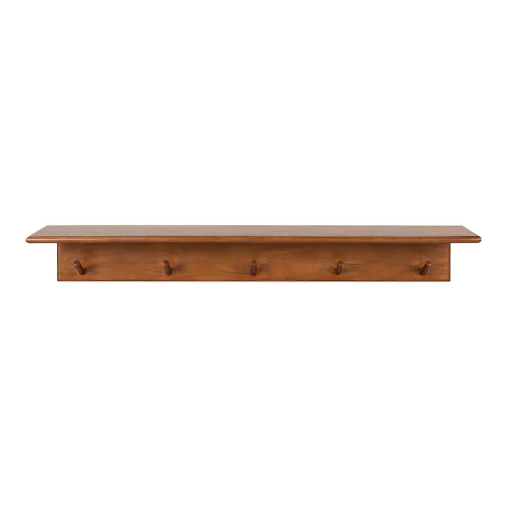 Walnut Brown 36" Floating Wood Shelf with Hooks