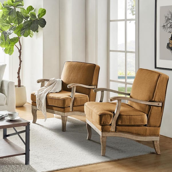 Quentin Golden Farmhouse Wooden Upholstered Arm Chair Set of 2 with Wooden Legs and Foot Pads Protecting the Floor