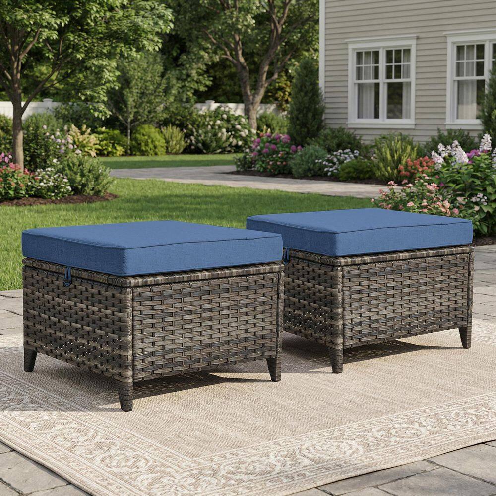 Gray Wicker Outdoor Ottoman, All-Weather Patio Ottomans (Set of 2) PE Wicker Steel Frame with Blue Cushions (2-Pack)