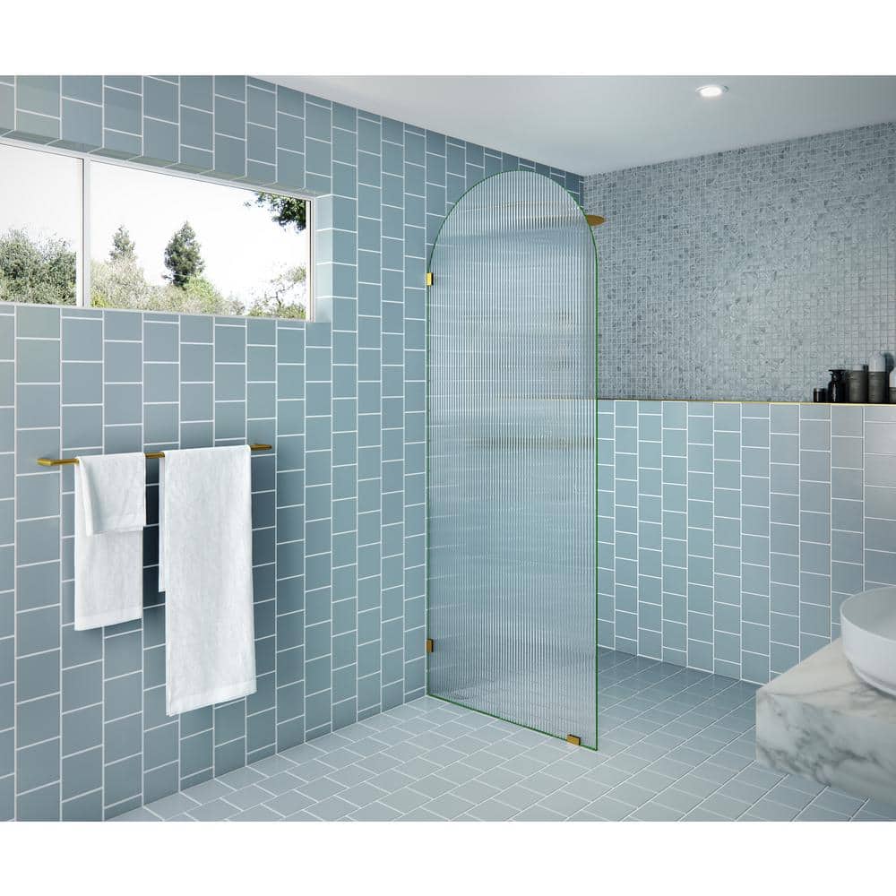 Maven 32" x 86.75" Frameless Arched Fluted Glass Shower Panel with Satin Brass Hardware