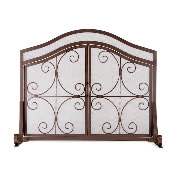 40 in. x 34 in. Ornate Crest Copper Metal 1-Panel Fireplace Screen with Doors