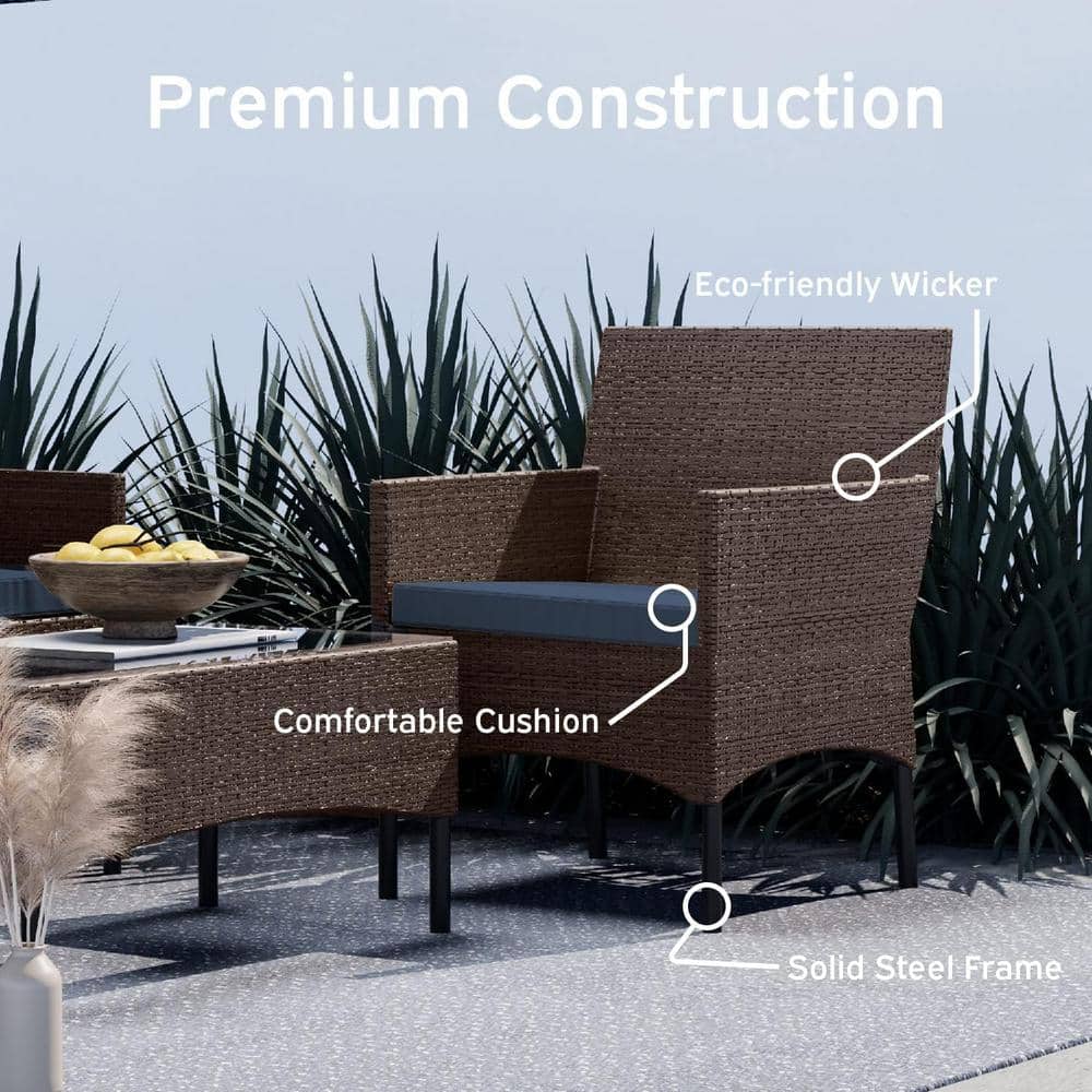4-Piece Brown Wicker Outdoor Seating Set with Blue Cushions