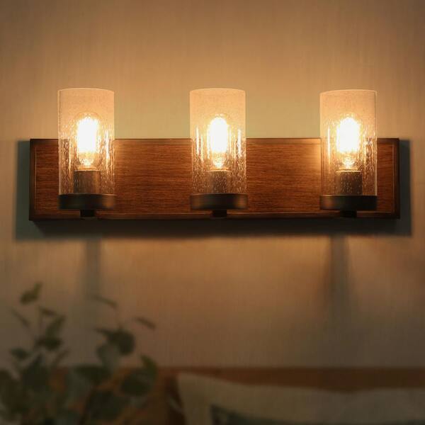 3-Light Rustic Bath Vanity Light Fixture Wall Sconces with Seeded Glass 