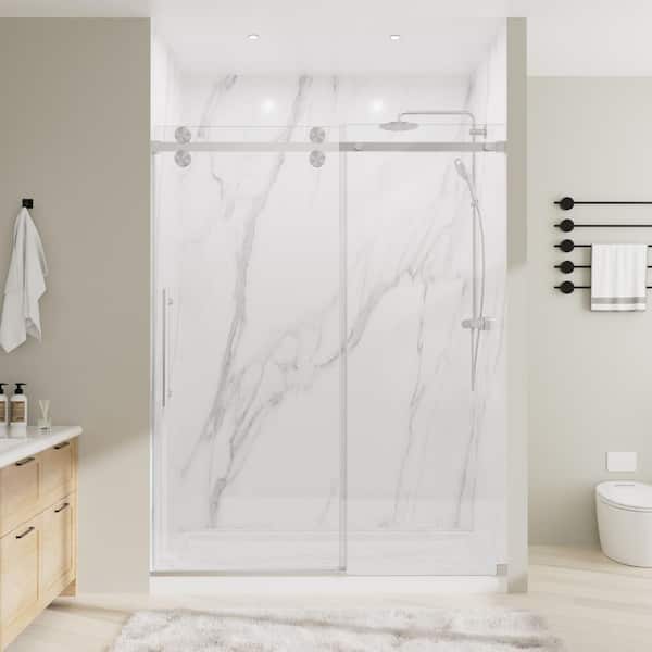 56-60 in. W x 80 in. H Frameless Single Sliding Shower Door with 3/8 in. Thick Clear Glass in Brushed Nickel
