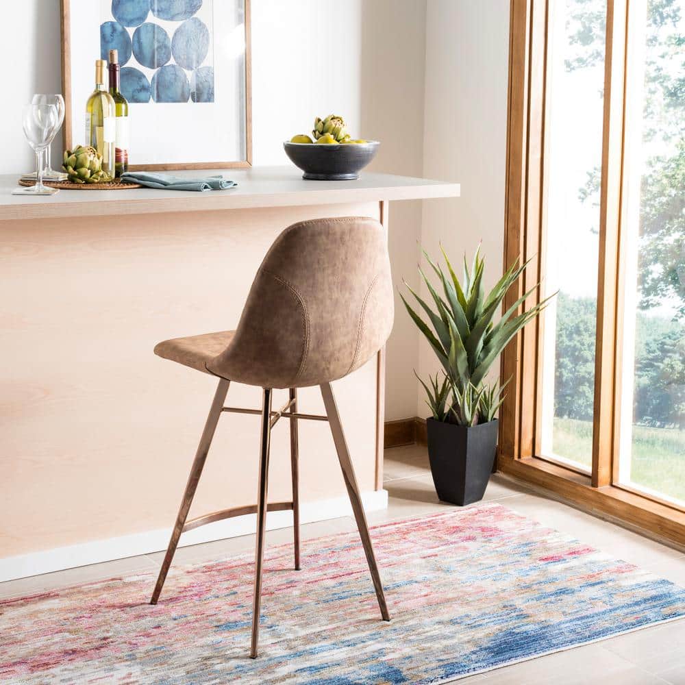 Mid-Century Brown Faux Leather Counter Stool with Copper Legs