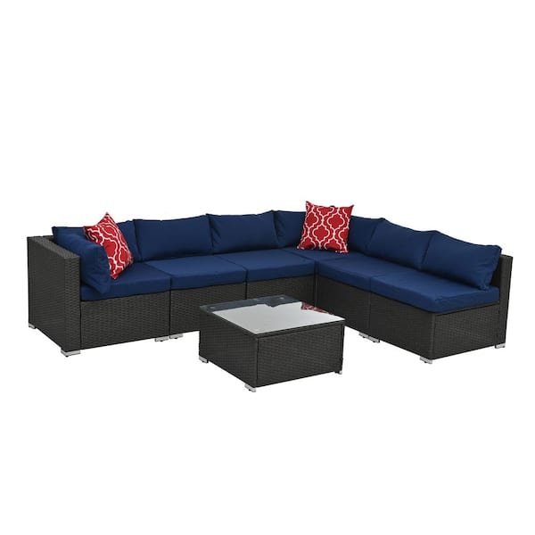 wayofatry 6-Piece Outdoor PE Wicker Furniture Conversation Set with with Blue Cushions and Coffee Table