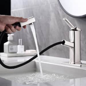 Single Handle Single Hole Bathroom Faucet with Rotating Pull Down Sprayer in Brushed Nickel