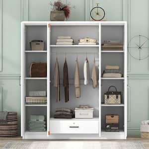 White Wood 59.2 in. 4-Door Wardrobe Armoires with Hanging Rod, Locking Drawer, and Storage Shelves